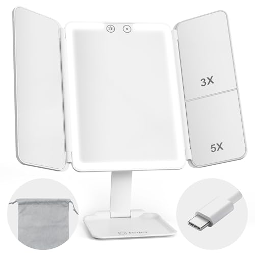 hajer Miroir Maquillage Lumineux à LED + Pochette de Transport, Grossissant 1X/3X/5X, 3 Modes éclairage, Tactile et Rechargeable USB-C avec Batterie en Lithium. Miroir Portable et Pliable de Voyage.