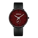 FIZILI Mens Watches Ultra-Thin Minimalist Waterproof-Fashion Wrist Watch for Men Unisex Dress with Leather Band Black Leather Band Red Face Silver Hand