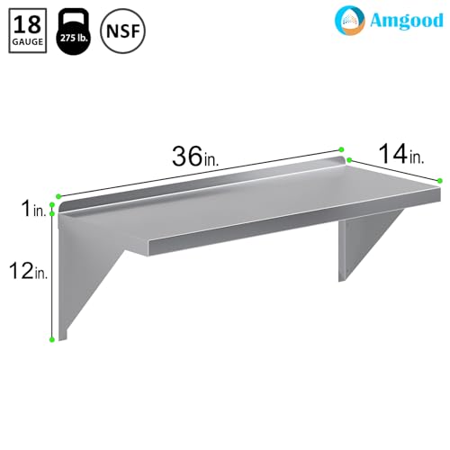 Image of AmGood 14 inch x 36 inch Stainless Steel Wall Shelf | Appliance & Equipment Metal Shelving | Kitchen, Restaurant, Garage, Laundry, Utility Room | Heavy Duty | Squared Edge | NSF Certified