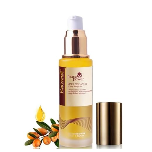 Karseell Aceite de Pelo Maca Esencia, Colágeno Aceite Pelo Reparación Profunda Aceite de Argan para el Pelo Seco y Dañado, Piel, 50ml