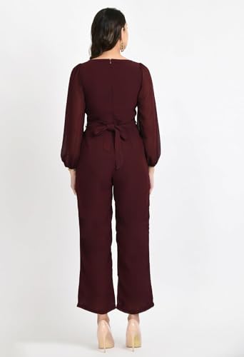 Image of V&M Women's Black V-Neck Jumpsuit | Full Sleeve Straight-Leg One-Piece with Side Pockets | Elegant Western for Office, Party & Evening Outfits