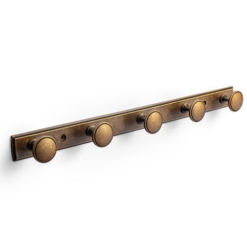 Goo-Ki Antique Brass Coat Rack Wall Mount, Heavy Duty Zinc Alloy Wall Mounted Coat Hooks with Escutcheon Backplate, Vintage Hat and Towel Hanger Rail for Entryway, Bathroom and Mudroom (5 Hooks)