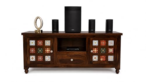 Image of Solid Sheesham Wood TV Entertainment Unit 1 Drawer 2 Door Cabinet with Handcrafted Multicolor Tile Design (Natural)