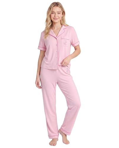 Juicy Couture Conjunto de pijama feminino de 2 peças – Pijama de botão com colarinho notch e calça comprida, Rosa pérola, P