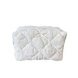 ZUNUONUO Cotton Quilted Makeup Bag Coquette Accessories Make up Bag Organizer Cute Floral Cosmetic Pouch Travel Makeup Bag for Women,Embroidery White