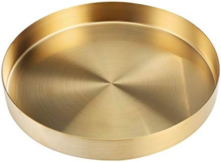 Gold Round Tray Decorative Stainless Steel Serving Tray Metal Organizer Plate for Makeup, Jewelry, Tea, Coffee, Drinks, Toiletries, Kitchen Tableware
