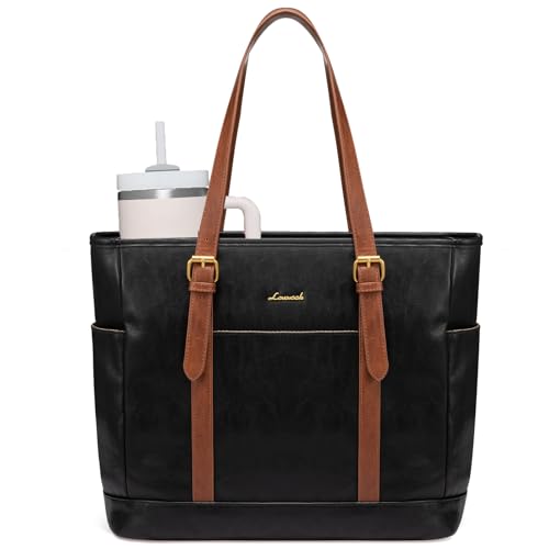 LOVEVOOK Laptop Tote Bag for Women,Vintage Leather Work Tote Bag for Women, 15.6 Inch Computer Briefcase Bag,Waterproof Teacher Business Office