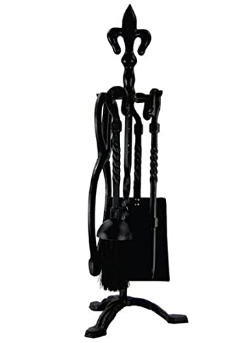 5 Piece Traditional Fireplace Companion Set Tong Shovel Brush Poker Wood Burner Coal Stove Hearth Cast Iron Tools (Fleur De LYS Black)