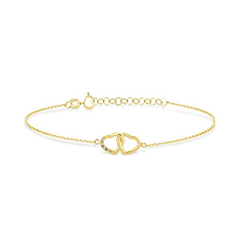 GELIN 14k Solid Gold 0.02 ct Genuine Diamond Interwined Heart Link Chain Adjustable Bracelet for Women
