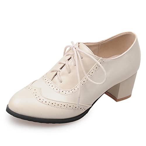 Mikarka Vintage Oxford Shoes For Women Chunky Block Mid Heel Brogues Pumps Lace Up Perforated Dress Shoes Saddle Oxfords #TOP19