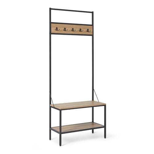 Amazon Basics Entry Bench with Hooks, Hall Tree with Shoe Storage Bench, Steel Frame, Oak Finish