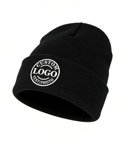Custom Knit Hat for Men and Women, Personalized Winter Beanie with Your Logo, Solid Colour Skull Cap (Black)