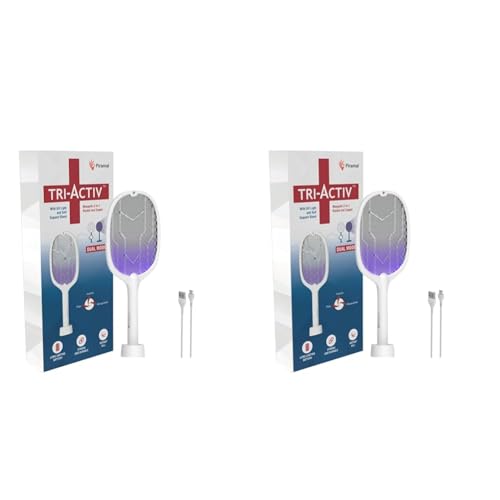 Image of Tri-Activ Mosquito Racket 2-in-1 Dual Mode Rechargable Bat + Zapper by Piramal with UV Light & self Supporting Stand, Insect Killer & Fly Swatter, 1200 mAh Li-ion Battery, White (Pack of 2)