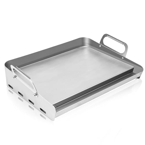 16 x 13 Stainless Steel Flat Top Griddle for Gas & Charcoal Grills Universal Design for Outdoor & Home Cooking with Grease Groove & Removable Handle Ideal for Tailgating & Backyard Parties