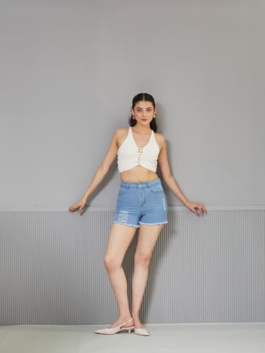 Image of Miss Chase Women's White Regular High Rise Clean Look Regular Stretchable Denim Shorts