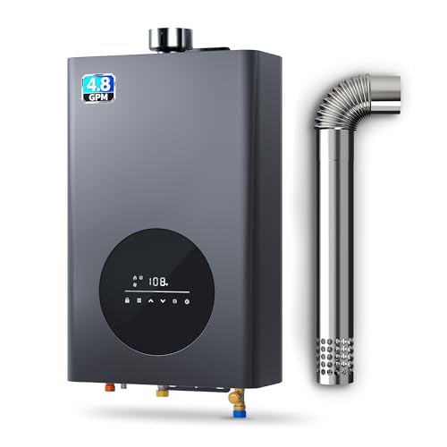 Propane Tankless Water Heater Indoor, 4.8 GPM Powerful Instand on Demand Propane Hot Water Heater 110,000 BTU, LED Touch Screen Residential Waterheater for Wholehouse, Exhaust Pipe Included