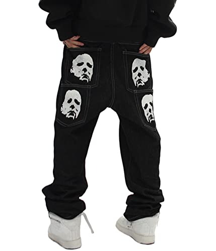 ORANDESIGNE Schwarz Men Hip Hop Jeans Baggy Straight Leg Gewaschen...