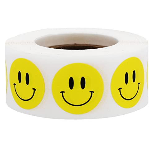 Happy Face Stickers - Yellow Semi-Gloss Happy Face Labels, 0.75 Inch Round Dots, 500 Total Adhesive Stickers for Rewards and Decorations - Made in The USA