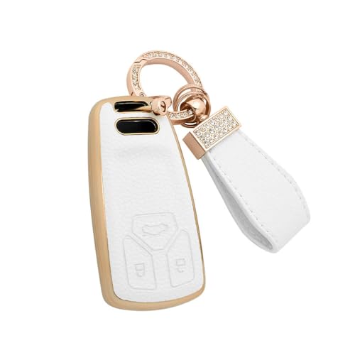 Image of Keyzone Litchi Leather TPU Key Cover & Keychain for Q5, A5, A8, Q7, A4, A6 3-Button Smart Key (White)