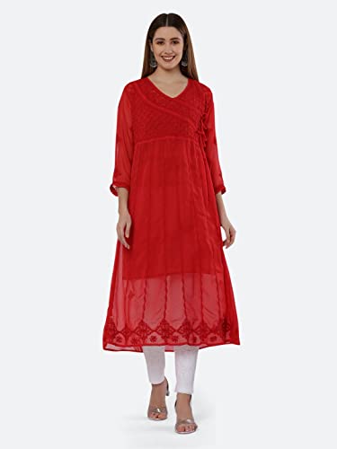 Image of FAWOMENT Ethnic Designer Angarkha A-Line Georgette Kurta with Exclusive Hand Embroidered Lucknowi Chikankari for Women