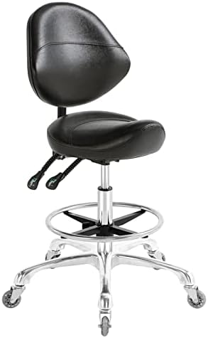Saddle Stool Chair with Back Support Footrest, Heavy-Duty(350LBS), Hydraulic Rolling Swivel Adjustable Stool Chair for Salon Spa Beauty Massage Dental Clinic Home Office Use(with Backrest Footrest)