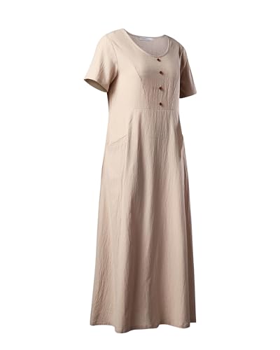 Image of Women's 65% Cotton, 35% Linen Crew Neck Midi Dress, Short Sleeve Dress with Pockets for Summer Daily Wear