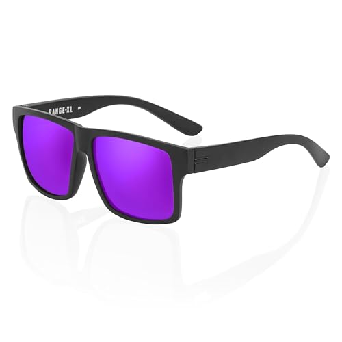 Image of TOROE Eyewear Matte Black RANGE XL Frame Sunglasses Light Weight TR90 Frame, Polarized Polycarbonate Lens (Matte Black | Black Emblem, Purple Mirror)