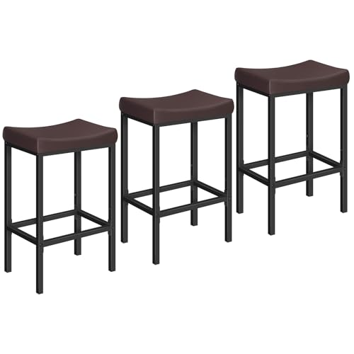 Image of HOOBRO Bar Chairs, Set of 3 Counter Height Saddle Stools with Curved Surface, 24.8 Inches, 2.4 inch Thick Upholstery, for Kitchen and Dining Room, Brown and Black BC10BYP301