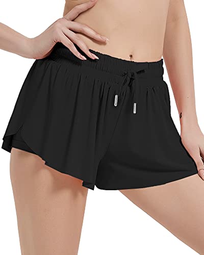 Wsirmet Womens Flowy Athletic Shorts 2 In 1 Running Yoga Shorts High Waisted Workout Biker Spandex Shorts Gym Tennis Skirts Black #TOP1