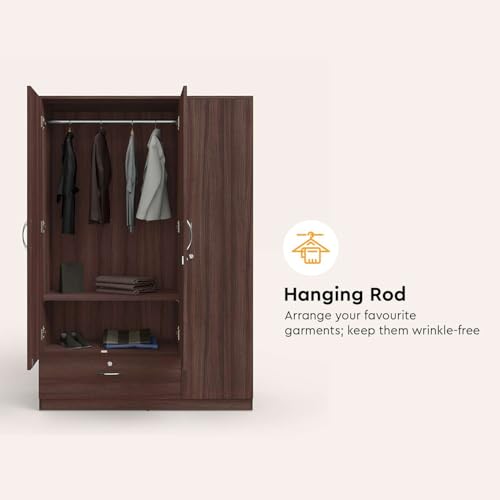 Image of Interio by Godrej Wardrobe EWA 3-Door Engineered Wood Wardrobe for Clothes (Brown), 1-Year Warranty, 5 Shelves, 1 Drawer