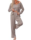 Ekouaer Womens Waffle Knit Pajamas Long Sleeve Lounge Set Button Up Pjs Loungewear with Pockets Beige S