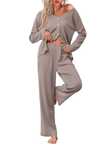 Ekouaer Womens Waffle Knit Pajamas Long Sleeve Lounge Set Button Up Pjs Loungewear with Pockets Beige M