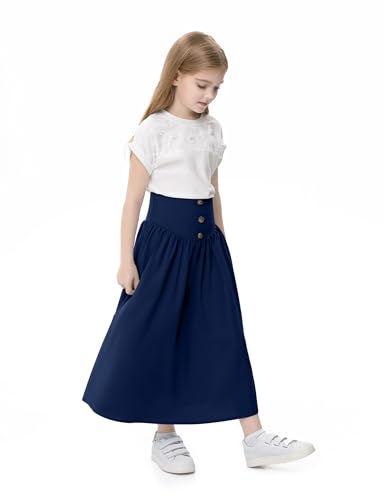 Image of Girl Maxi Skirt Elastic High Waist A-Line Long Skirt Smocked Waistband with Drawstring and Pockets 3-12 Years