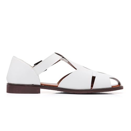 Men's Classic Leather Fisherman Sandals, T-Strap Design with Buckle Closure, Available in Navy Blue, Black, White, Brown2