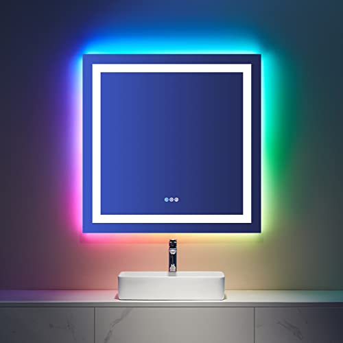 LOAAO 36"X36" LED Bathroom Mirror with Lights, Anti-Fog, Dimmable, RGB Backlit + Front Lighted, Bathroom Vanity Mirror for Wall, Memory Function