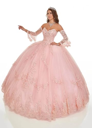 POMUYOO Women's Sweetheart Quinceanera Dresses Ball Gown Lace Appliques Puffy Sleeve Prom Sweet 16 Dress YG2163