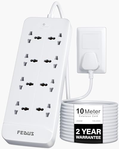Image of FEDUS Surge Protector, 8 Universal Sockets with MOV, OLP Protection, 10 Meter 32 Feet Long Cable, Extension Board Cord, Automatic Overload Protection, Fireproof Power Strip Switch Board, Spike Guard