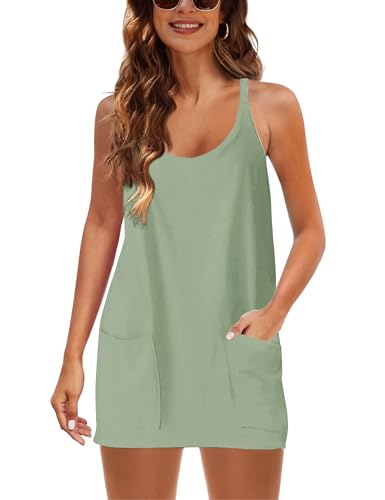 Image of Lentta Womens Athletic Sleeveless Mini Dress with Built-in Shorts V Neck Spaghetti Strap Sundress