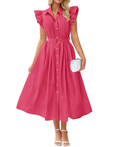 Image of ZESICA Womens Summer Button Midi Dresses 2026 Flutter Short Sleeve Belted Business Casual Work Long Dresses with Pockets, Rose Pink, L