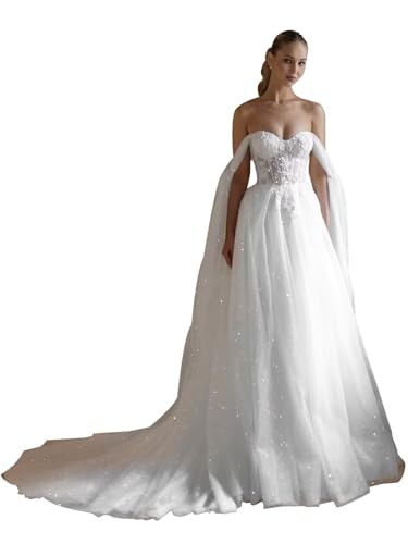 Sparkle Tulle Wedding Dresses for Bride Long Lace Applique Off Shoulder Outdoor Beach Princess Wedding Gowns Dress