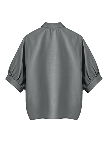 Image of Milumia Women's Collar Lantern Short Sleeve Pleated Hem Button Down Work Blouse Shirt Top