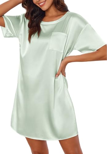 Image of Ekouaer Silky Satin Sleep Shirts for Women Nightshirt Tshirt Night Gowns | Short Sleeve Pajama Dress Round Neck Shirt Dress With Chest Pocket Cooling Nightgowns Lightweight Sleepwear