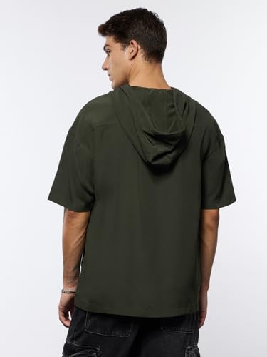 Image of The Souled Store Hooded T-Shirt: Olive Men and Boys Short Sleeves Hooded Neck Green Solid Cotton Oversized Fit Dual Front Flap Pockets Lightweight All-Season Comfortable T-Shirt