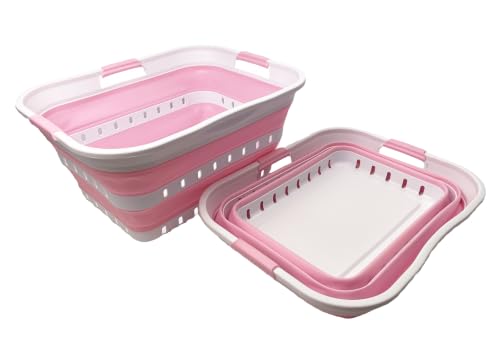 Image of SAMMART 42L (11 gallon) Collapsible Plastic Laundry Basket - Foldable Pop Up Storage Container /Organizer - Portable Basket - Space Saving Hamper /Basket (2, Wt /Cherry Pink)