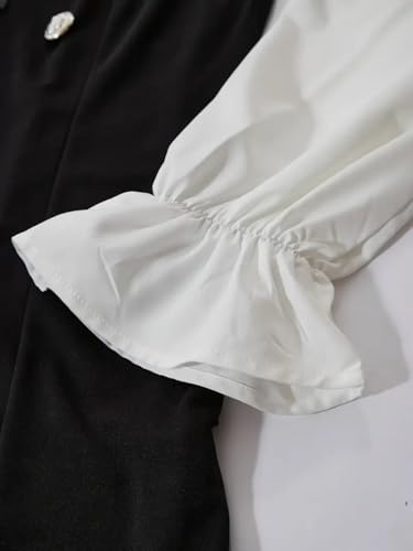 Women Short Dresses 2 in 1 Colorblock Turndown Collar Lantern Sleeve Black Suit Cute Dress4