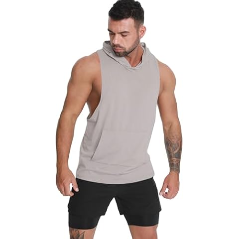 InleaderStyle Men's Workout Hooded Tank Tops Sleeveless Gym Hoodie Shirt Bodybuilding Muscle Cut Off T Shirt GY-L Cover