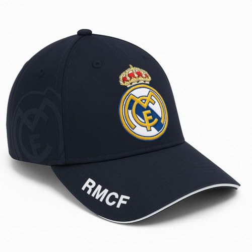 Image of Real Madrid Cap, Navy - White Colors. Soccer Cap for Adults. Real Madrid Caps. Officially Licensed Real Madrid Adjustable Caps. RM hat.