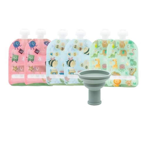 Image of WeeSprout Double Zipper Reusable Food Pouches, Perfect for Babies & Toddlers, Freezer & Dishwasher Safe (Educational, 3.4 Fl Oz (Pack of 6) + Pouch Filler)