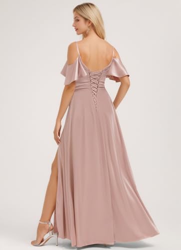 Everlong Cold Shoulder Bridesmaid Dresses 2025 Satin Spaghetti Straps Prom Dress High Slit Formal Evening Gown EL0103