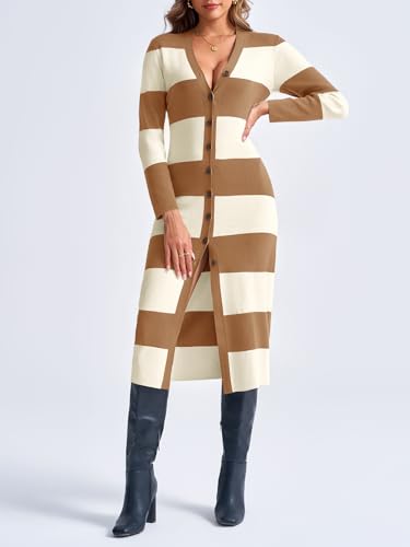 Saodimallsu Womens Striped Sweater Dress Button V Neck Long Sleeve Knit Fall Trendy Bodycon Midi Dresses Cardigans4